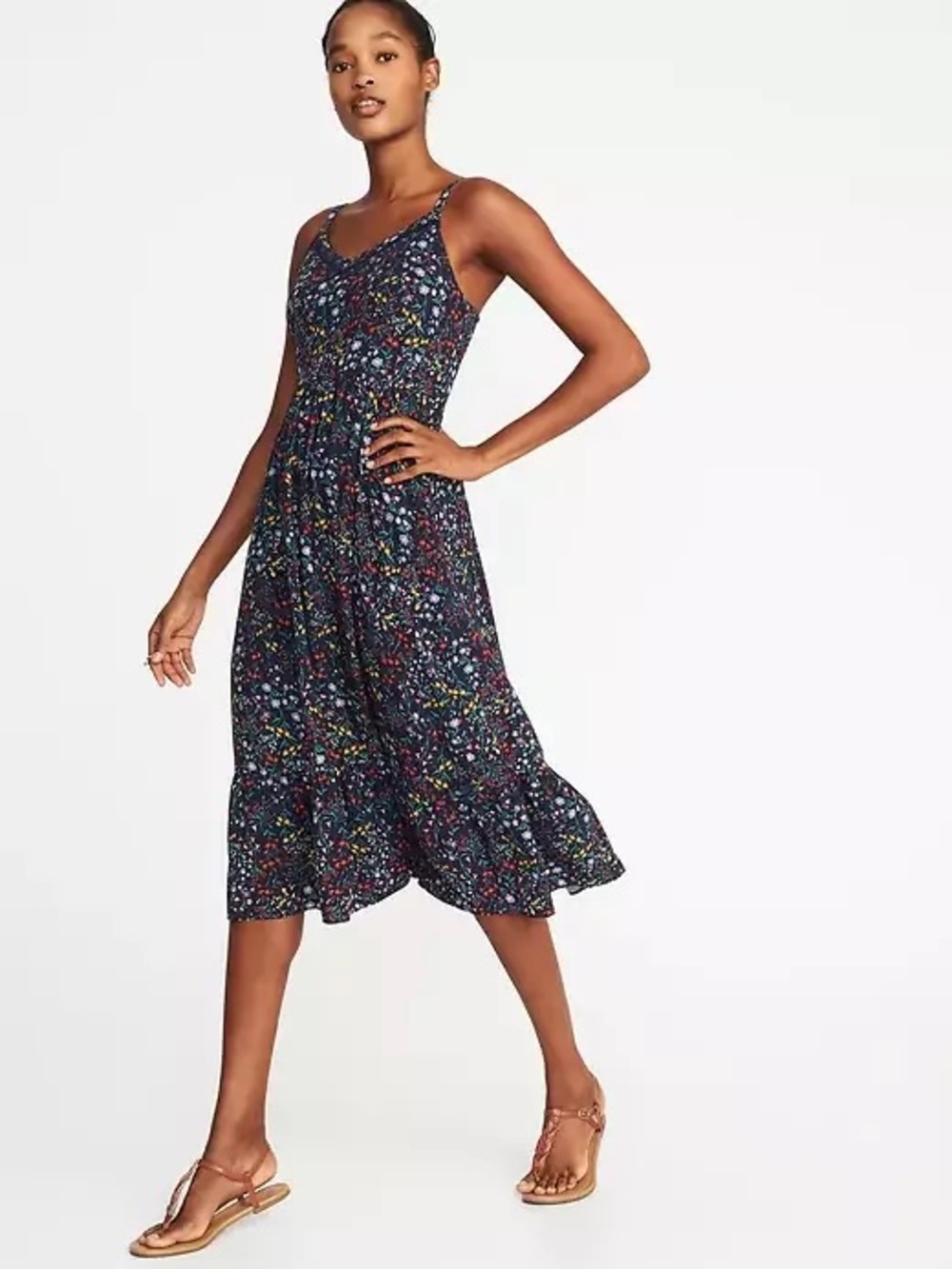 NWT Old Navy Fit & Flare Striped Cami Midi Dress Blue Floral M